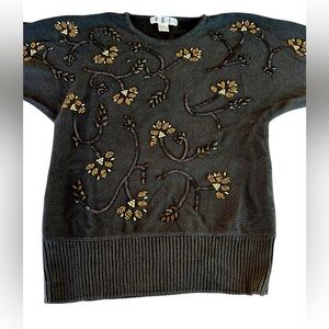 Vintage 80s Beaded Embellished Black Sweater Gold Metallic Knit Crew Neck Dolman